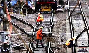 Railtrack engineers working on the track at Potters Bar