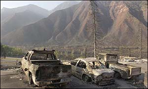 Burned out vehicles above the Storm King Mobile Home Park in West Glenwood Springs