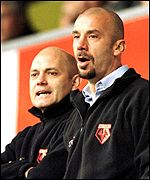 Watford's Gianluca Vialli and Ray Wilkins