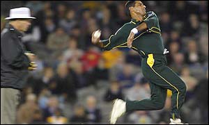 Younis fires down a delivery to no avail for Pakistan