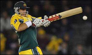 Hayden made 45 before being caught by Shoaib Malik off the bowling of Mohammad Sami 