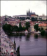 Scene of Prague showing castle and Charles Bridge