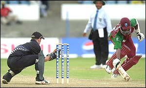 Corey Collymore is run out by Kiwi wicketkeeper Chris Nevin