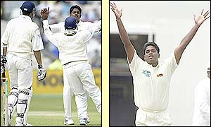 Vaughan (far left) watches as the Sri Lankans celebrate his dismissal