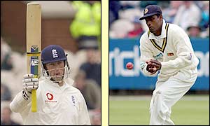 Trescothick (left) scores his half century and Hashan Tillakaratne drops a catch