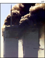 The twin towers blaze on 9/11