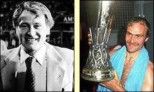 Bobby Robson and Ipswich captain Mick Mills savour victory over AZ Alkmaar in the 1981 Uefa Cup final