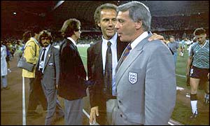 Germany coach Franz Beckenbauer offers consoling words to Bobby Robson 