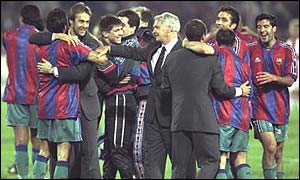 Bobby Robson celebrates with his Barcelona players after guiding the Catalan club to the 1997 European Cup Winners' Cup