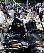 A ruined car outside the US consulate