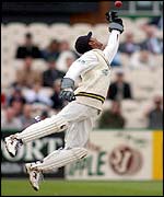 Kumar Sangakkara leaping in vain