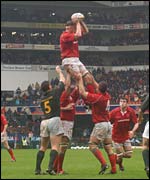 Wales lock Steve Williams towers in the lineout