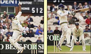 Marvan Atapattu (left) is in hospital having an X-ray after a painful blow on the hand from Andrew Flintoff and Russell Arnold jumps for a high ball