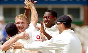 The England players celebrate the dismissal of Aravinda de Silva