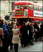 Queue at bus stop during 2001 Tube strikes