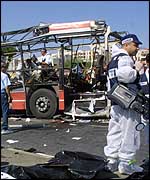 The bus and the scene of destruction in Jerusalem