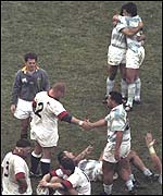The Pumas celebrate their 33-13 win over England in 1997