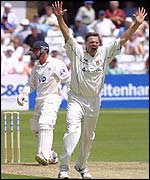Jon Dakin appeals for lbw against Graeme Lloyd
