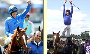 Frankie Dettori celebrates in his trade mark style after winning the third race at Royal Ascot