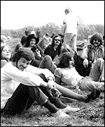 Ian Anderson with musicians and friends at Glastonbury 1970