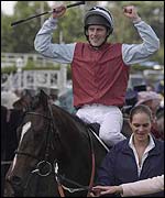 Johnny Murtagh celebrates after winning the Gold Cup on Royal Rebel