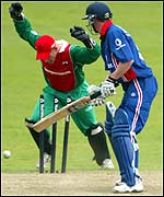England's Paul Collingwood is bowled by Robert Croft