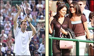 A jubilant Greg Rusedski applauds the crowd as wife Lucy looks on