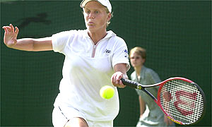 British tennis player Julie Pullin in action against Maja Matevzic