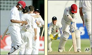 Lara was clean bowled by Shane Bond