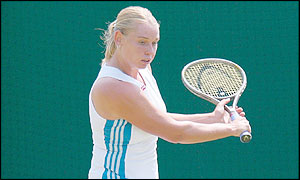 Barbara Schett returns with a backhand volley