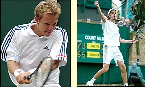 Swedish Thomas Johansson and Brazilian Flavio Saretta in action in SW19