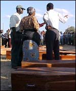 Some of the 200 coffins supplied by the government 