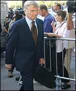 Max Mosley arrives at FIA headquarters in Paris for the Ferrari hearing