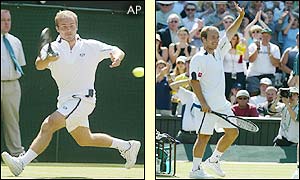 Olivier Rochus returns the ball and waves to the crowd after beating Marat Safin