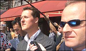 Michael Schumacher and Rubens Barrichello face the media after Wednesday's FIA hearing in Paris