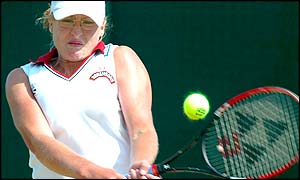 Baltacha hits a winning backhand and serves for the match