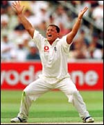 Darren Gough bowling against Australia