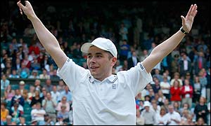 Karl Power's friend, Tommy Dunn, enjoys his moment on Centre Court