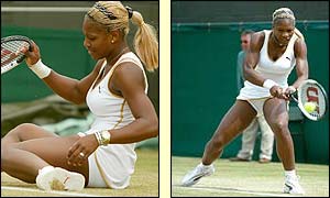 Williams slipped several times before getting up to win on a tie-break in the second set