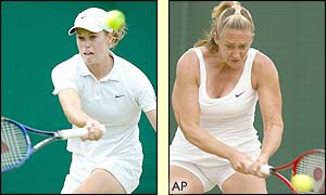 Laura Granville of the USA plays a forehand and Mary Pirece of France plays a backhand