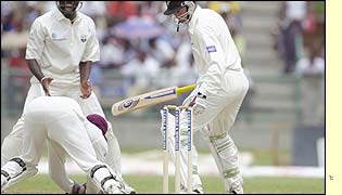 Chris Harris is caught by West Indies wicketkeeper Ridley Jacobs off the bowling of Carl Hooper