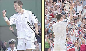 Tim Henman punches the air after winning and salutes the crowd