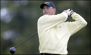 Soren Hansen of Denmark hits an eagle at the 18th