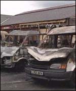 Four of the buses were completely destroyed 