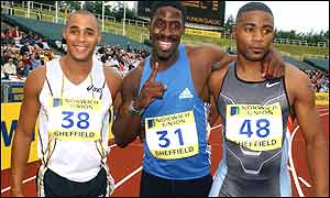 Three British sprinters took the top three places in the 100 metres