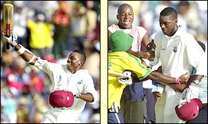 Chris Gayle is mobbed by West Indies fans after he makes a double century to give his side an outside chance of victory