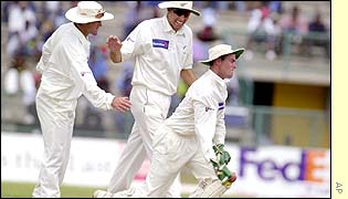 Brian Lara is caught by Robbie Hart after 48 runs