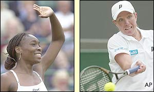 USA's Venus Williams' salutes the crowd after her win and Lisa Raymond returns the ball before