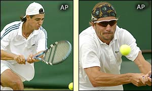 Nicolas Lapentti from Ecuador plays a return to Frenchman Arnaud Clement in their fourth round tie