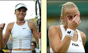 Daniela Hantuchova celebrates after winning the fourth round match against Yugoslav Jelena Dokic
